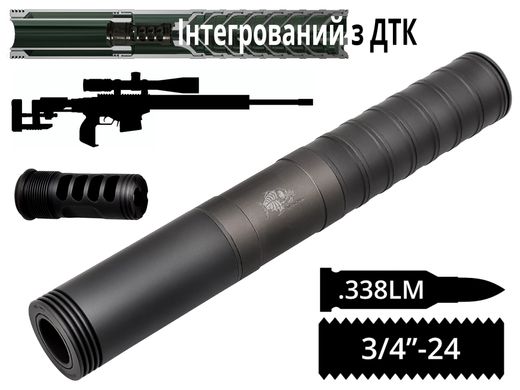 Интегрированный глушитель 2в1 з дтк AFTactical S56LM28 для высокоточных винтовок, M281, .338 Lapua Mag, 3/4x24 R